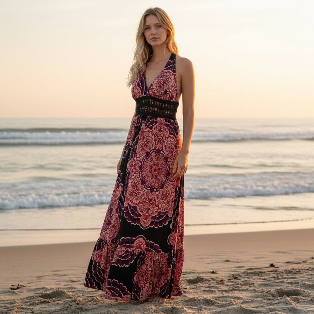 BISOU BISOU Baby Doll Boho Artsy Y2K Maxi Dress Crochet Halter 8 Michele Bonbot